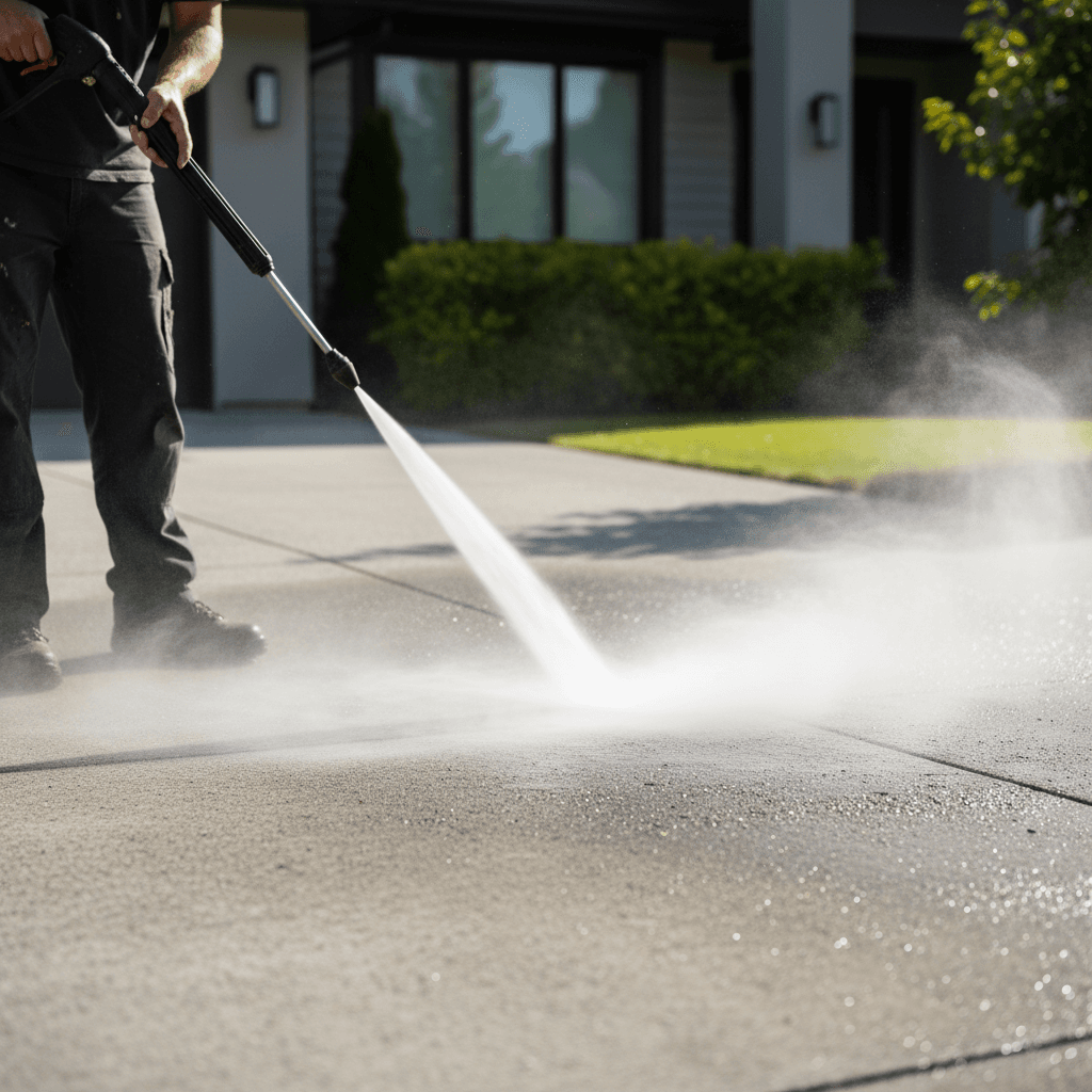 Pressure washer cleaning residential driveway with visible water spray