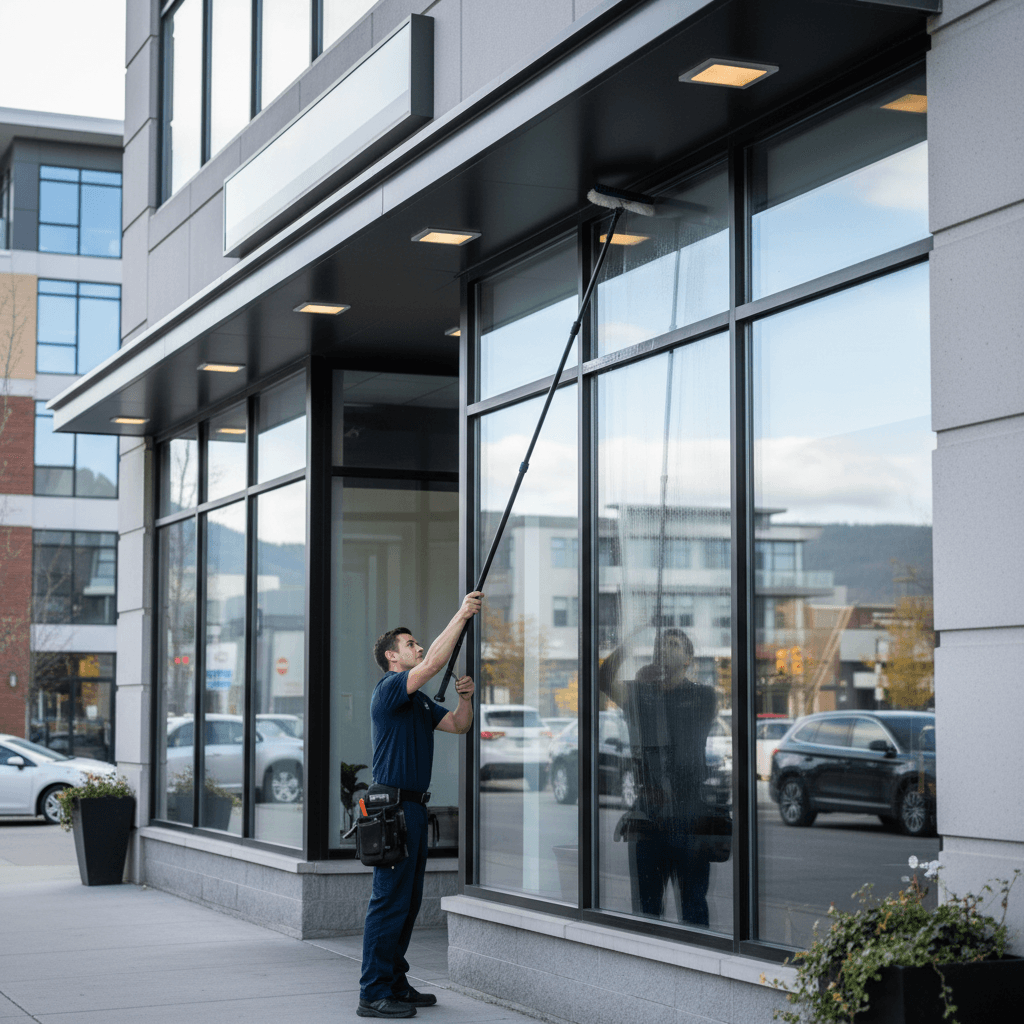A professional, polished aesthetic medium shot of a commercial storefront or small business exterior being cleaned.