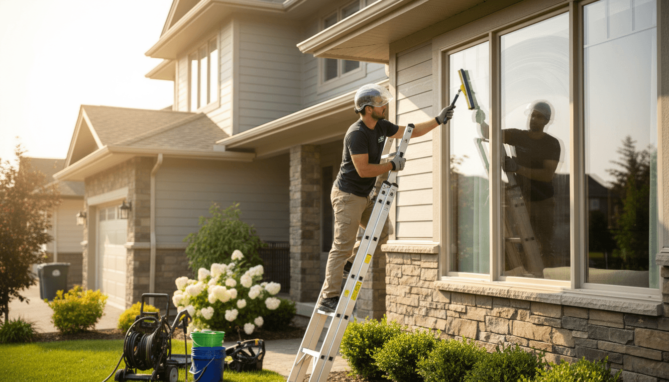 Professional window cleaner using squeegee on residential home in Kelowna