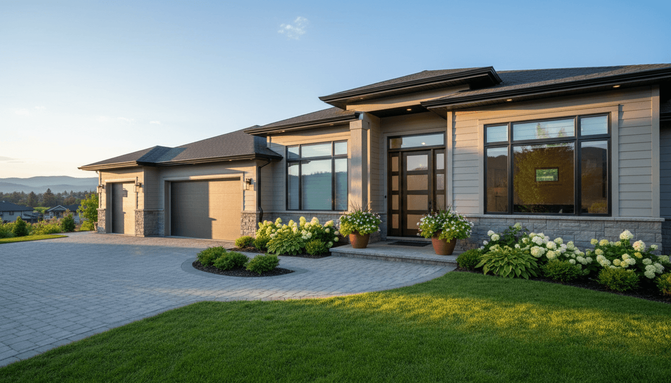 Well-maintained residential home exterior in Kelowna with clean windows and driveway