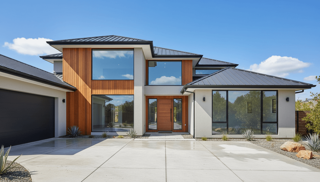 Modern home exterior with clean windows and well-maintained roof under clear blue sky