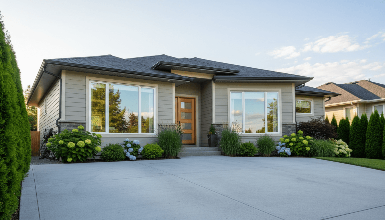 Residential home exterior in Kelowna, British Columbia, with freshly cleaned windows and well-maintained gutters
