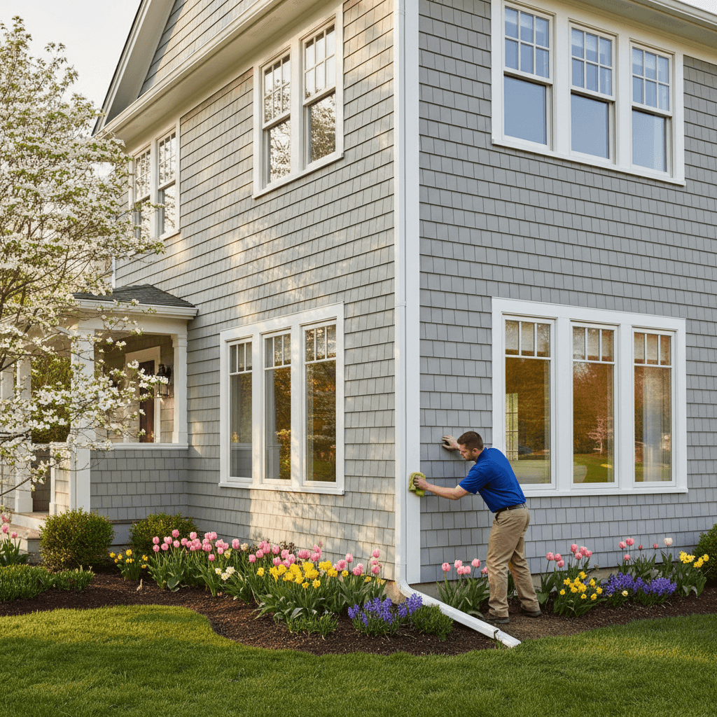 Residential home after seasonal exterior cleaning with clear windows and gutters
