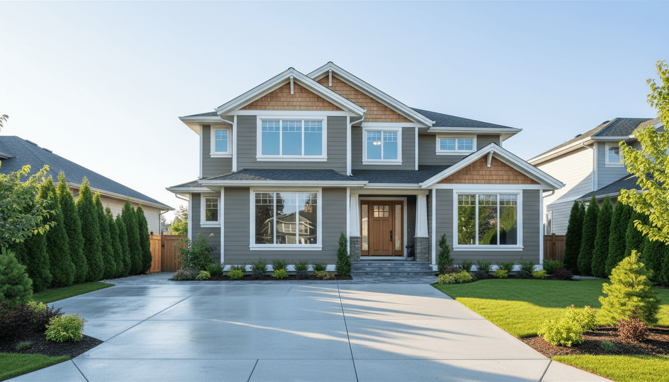 Clean home exterior in Kelowna with streak-free windows and freshly pressure-washed driveway